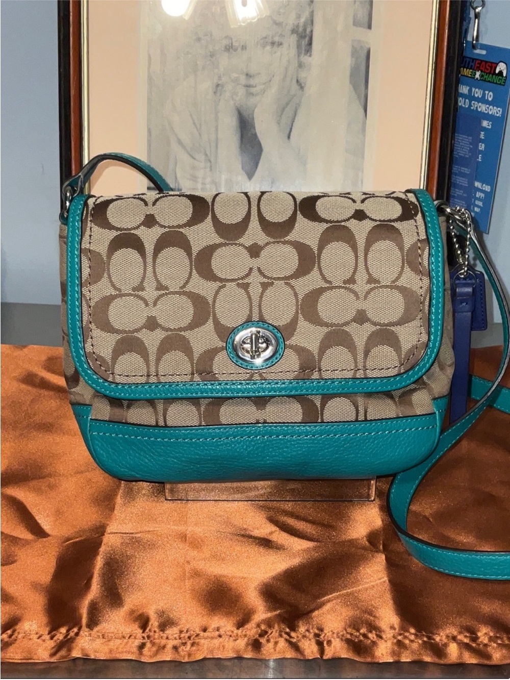 Coach Signature Canvas Crossbody Bag with Teal Trim